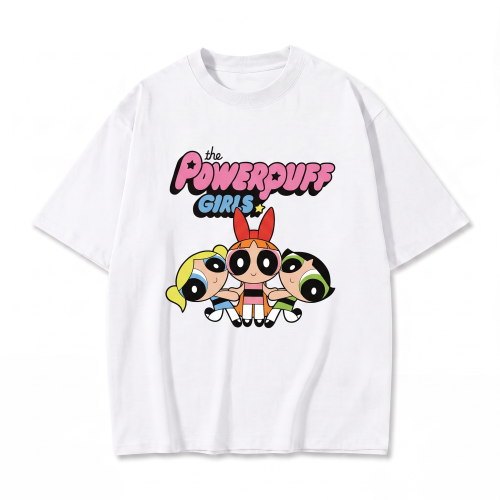 Biała koszulka Atomówki z nadrukiem logo The Powerpuff Girls i trzech Atomówek