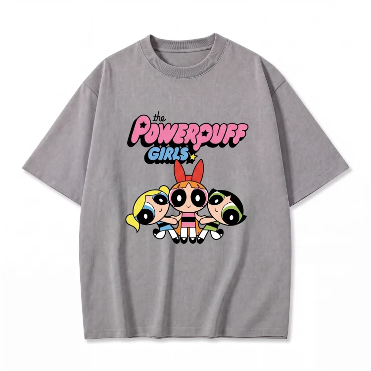 Szara koszulka Atomówki z nadrukiem logo The Powerpuff Girls i trzech Atomówek