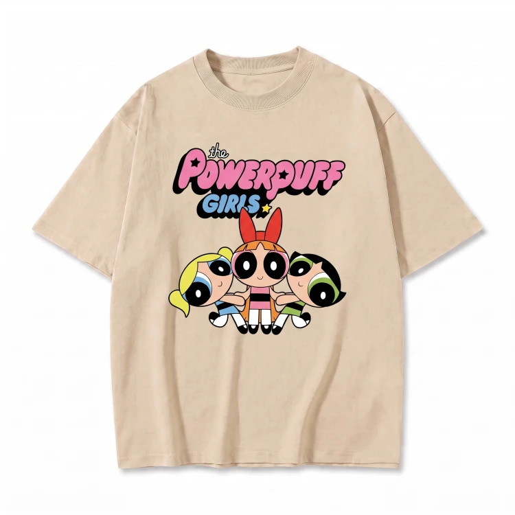 Beżowa koszulka Atomówki z nadrukiem logo The Powerpuff Girls i trzech Atomówek