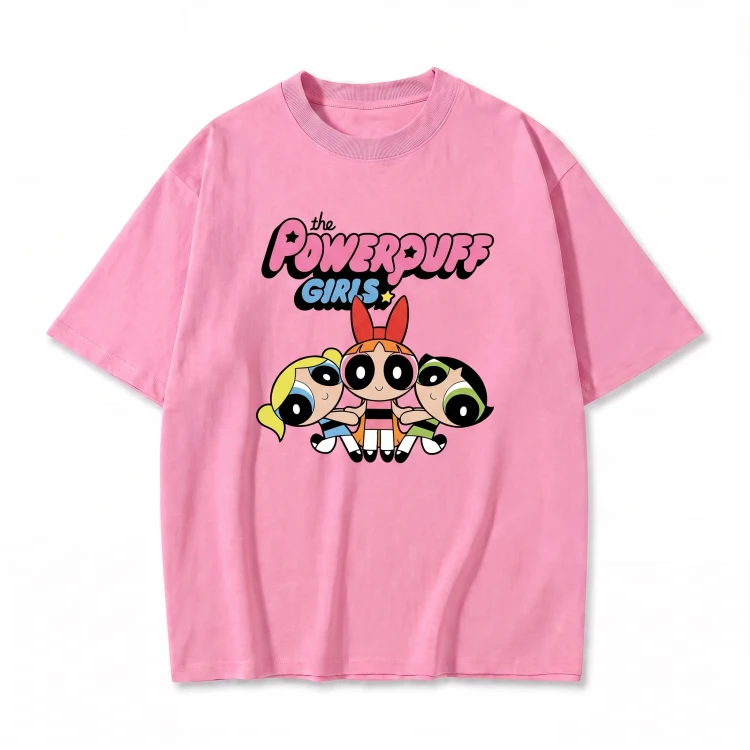 Różowa koszulka Atomówki z nadrukiem logo The Powerpuff Girls i trzech Atomówek