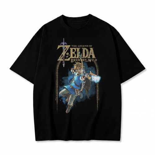 Czarna koszulka The Legend of Zelda z nadrukiem Linka i logo Breath of the Wild