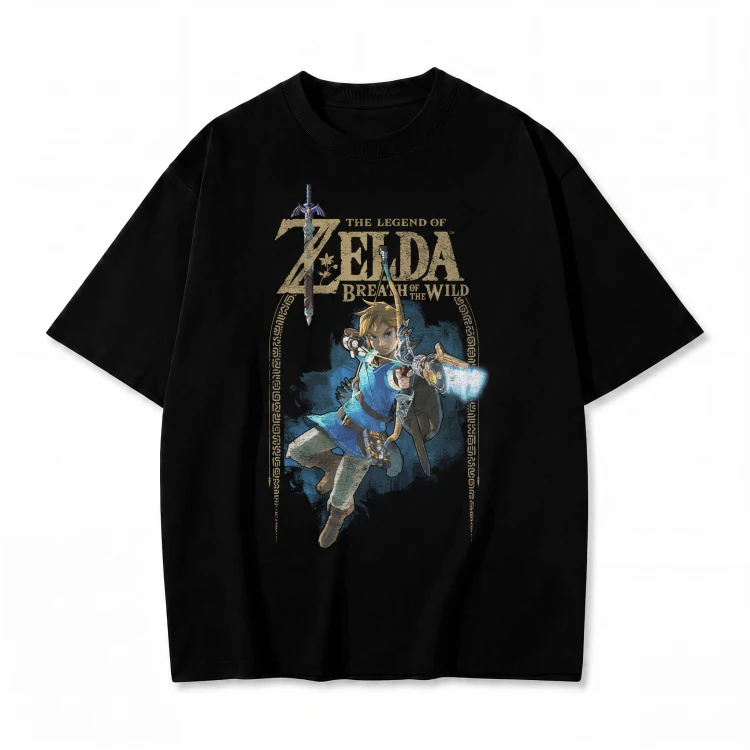 Czarna koszulka The Legend of Zelda z nadrukiem Linka i logo Breath of the Wild