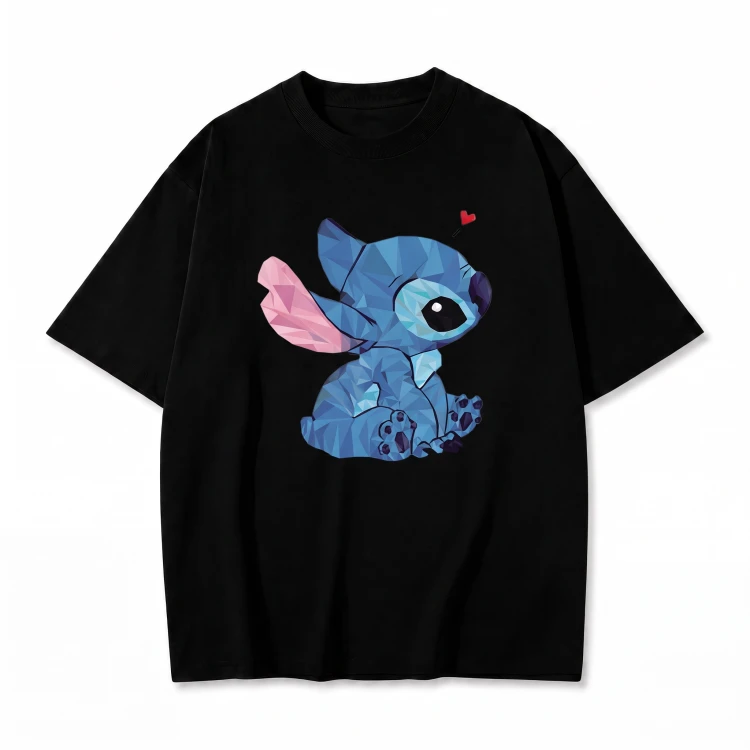 Czarna koszulka Lilo i Stitch z nadrukiem siedzącego Stitcha z serduszkiem