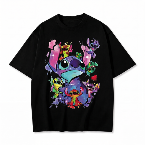 Czarna koszulka Lilo i Stitch z nadrukiem kolorowego kolażu Stitcha