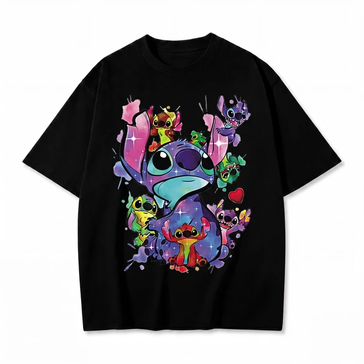 Czarna koszulka Lilo i Stitch z nadrukiem kolorowego kolażu Stitcha
