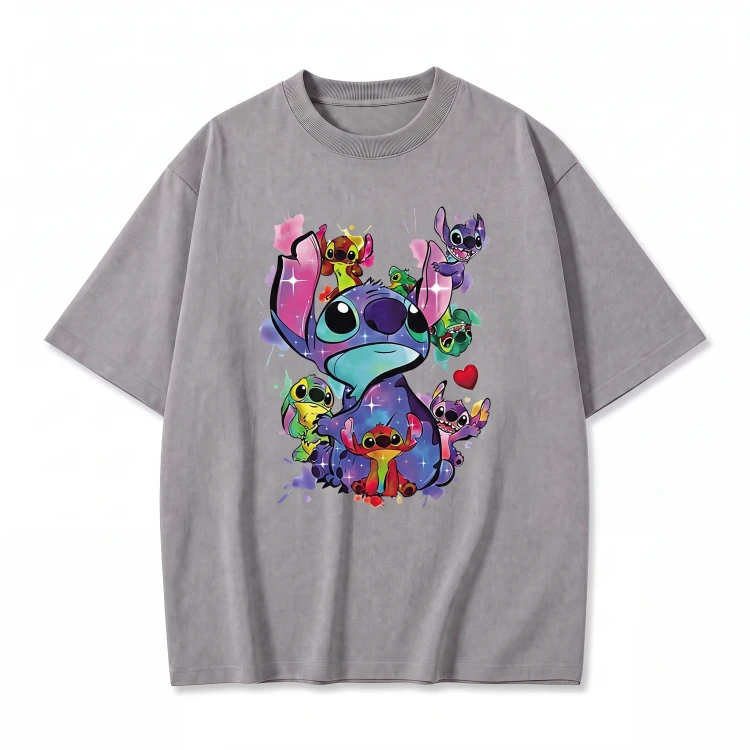 Szara koszulka Lilo i Stitch z nadrukiem kolorowego kolażu Stitcha