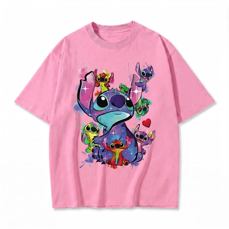 Różowa koszulka Lilo i Stitch z nadrukiem kolorowego kolażu Stitcha