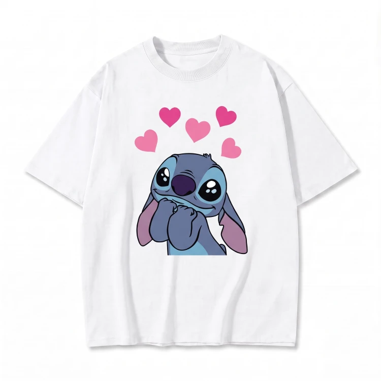 Biała koszulka Lilo i Stitch z nadrukiem Stitcha z serduszkami