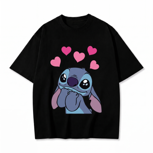 Czarna koszulka Lilo i Stitch z nadrukiem Stitcha z serduszkami