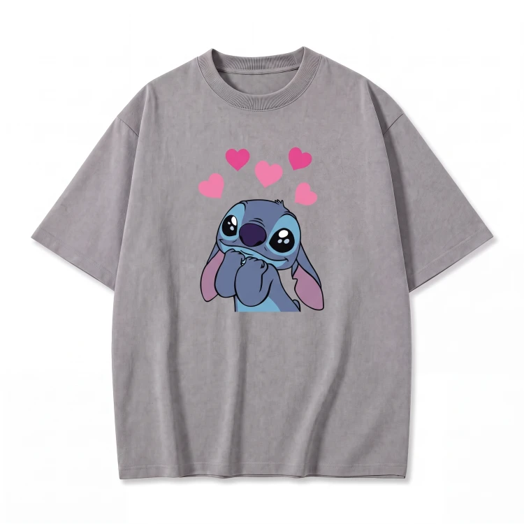 Szara koszulka Lilo i Stitch z nadrukiem Stitcha z serduszkami