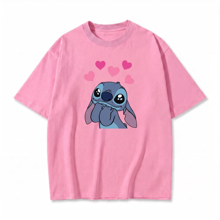 Różowa koszulka Lilo i Stitch z nadrukiem Stitcha z serduszkami