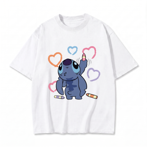 Biała koszulka Lilo i Stitch z nadrukiem Stitcha z kredkami i serduszkami