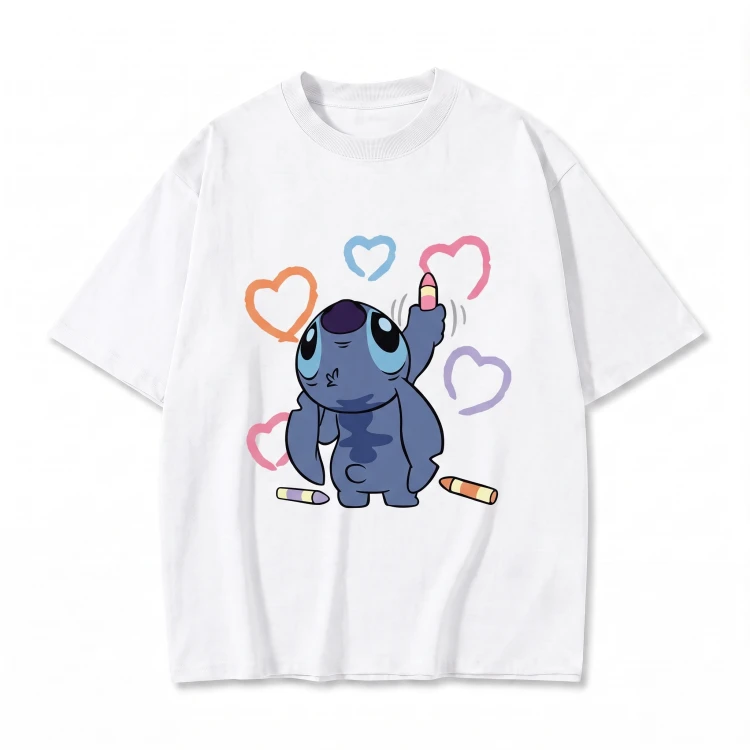 Biała koszulka Lilo i Stitch z nadrukiem Stitcha z kredkami i serduszkami