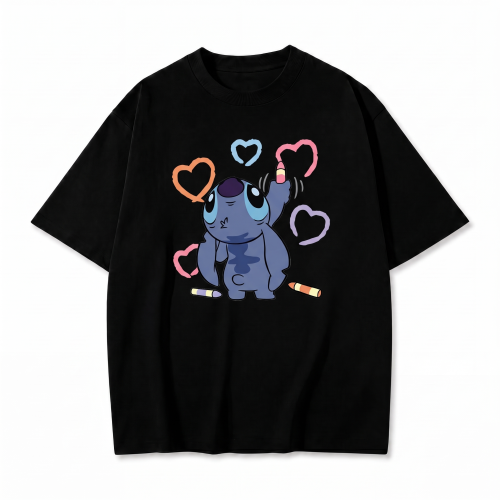 Czarna koszulka Lilo i Stitch z nadrukiem Stitcha z kredkami i serduszkami