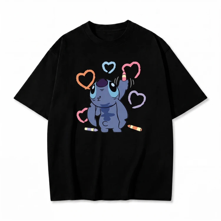 Czarna koszulka Lilo i Stitch z nadrukiem Stitcha z kredkami i serduszkami