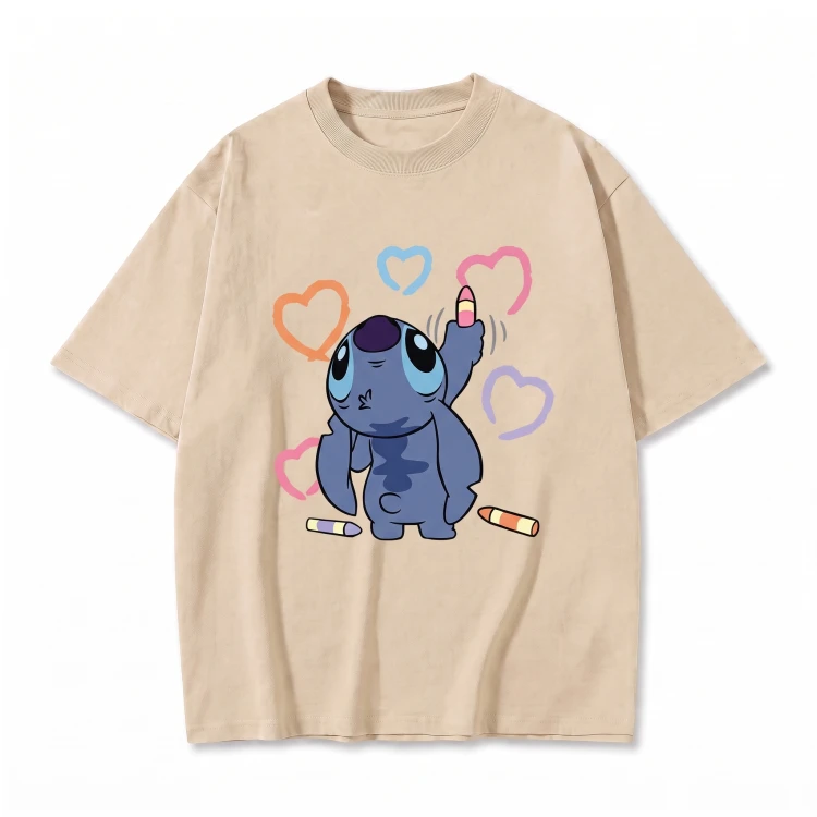 Beżowa koszulka Lilo i Stitch z nadrukiem Stitcha z kredkami i serduszkami
