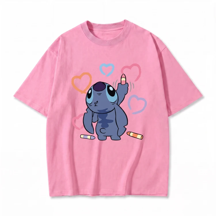 Różowa koszulka Lilo i Stitch z nadrukiem Stitcha z kredkami i serduszkami