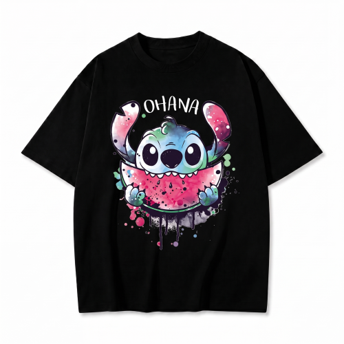 Czarna koszulka Lilo i Stitch z nadrukiem Stitcha z arbuzem i napisem Ohana