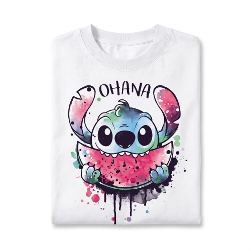 Biała koszulka Lilo i Stitch z nadrukiem Stitcha z arbuzem i napisem Ohana