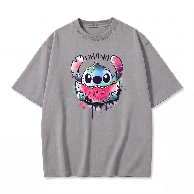 Szara koszulka Lilo i Stitch z nadrukiem Stitcha z arbuzem i napisem Ohana