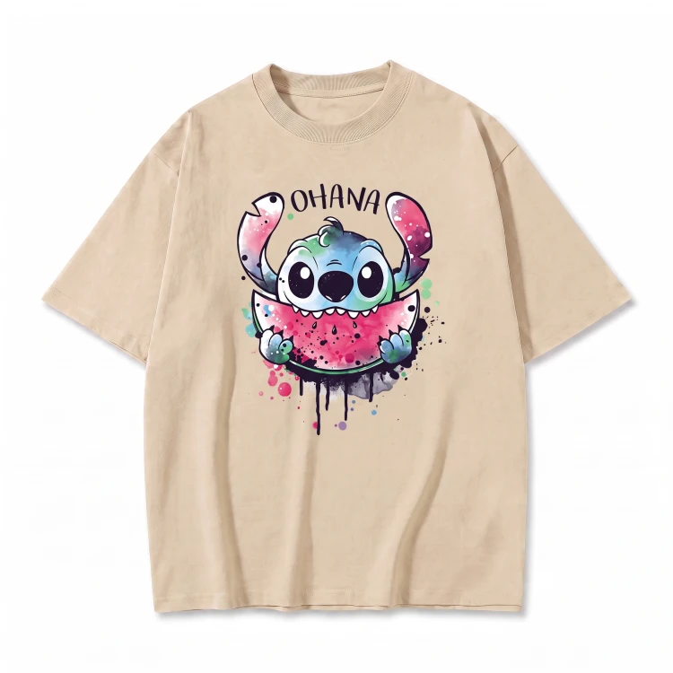 Beżowa koszulka Lilo i Stitch z nadrukiem Stitcha z arbuzem i napisem Ohana