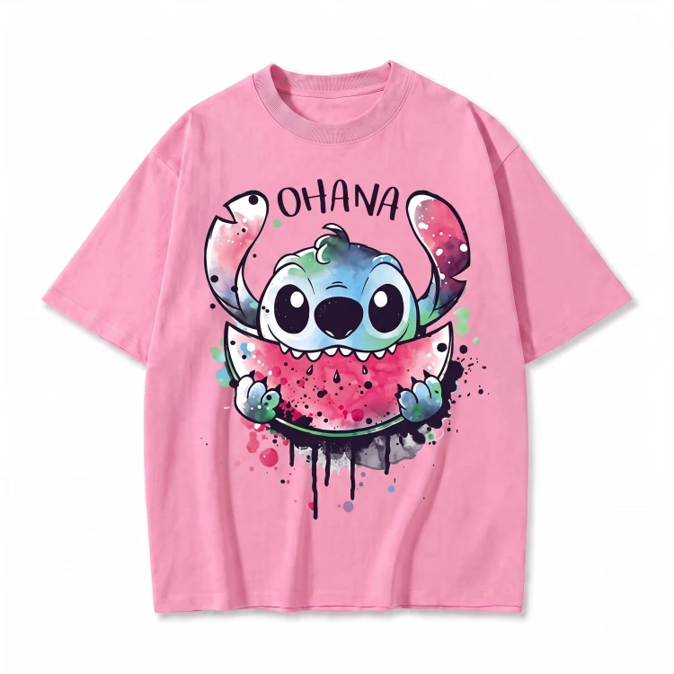 Różowa koszulka Lilo i Stitch z nadrukiem Stitcha z arbuzem i napisem Ohana