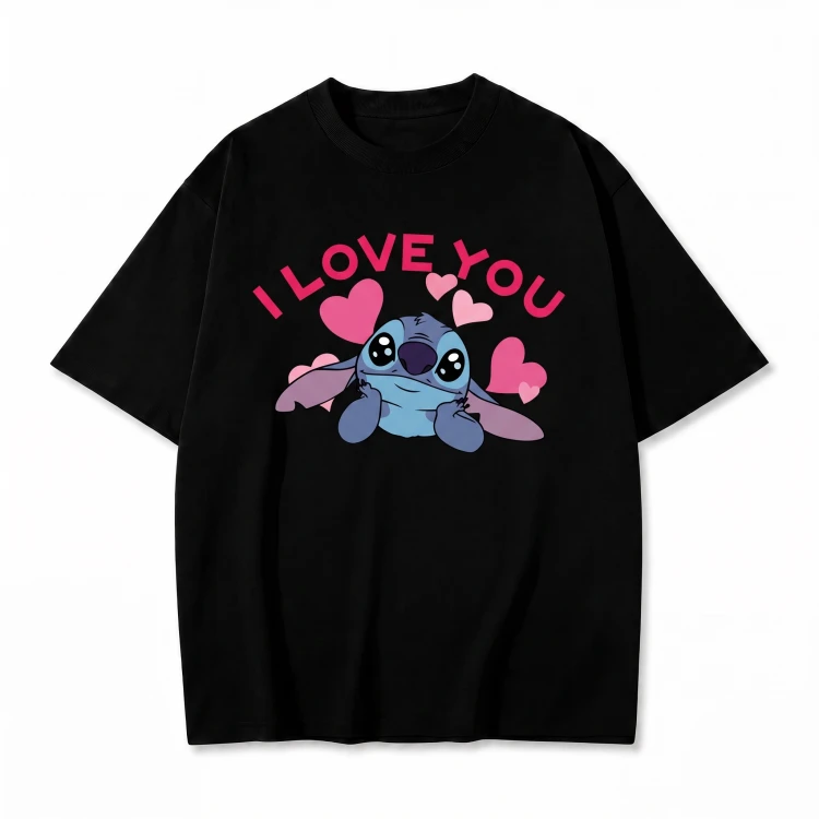 Czarna koszulka Lilo i Stitch z nadrukiem Stitcha i napisem I Love You