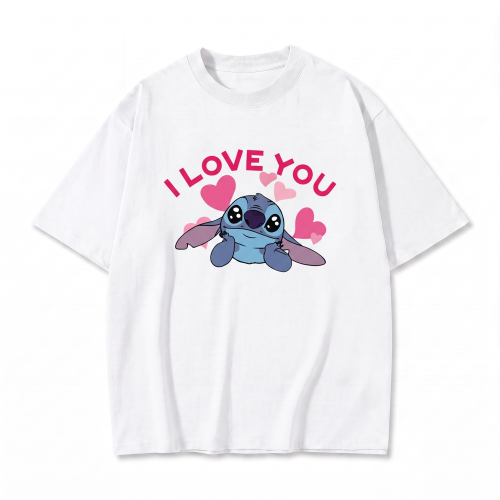 Biała koszulka Lilo i Stitch z nadrukiem Stitcha i napisem I Love You