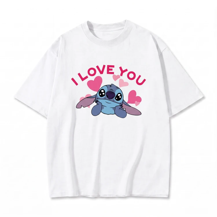 Biała koszulka Lilo i Stitch z nadrukiem Stitcha i napisem I Love You