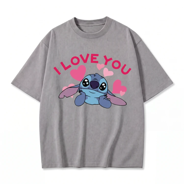 Szara koszulka Lilo i Stitch z nadrukiem Stitcha i napisem I Love You