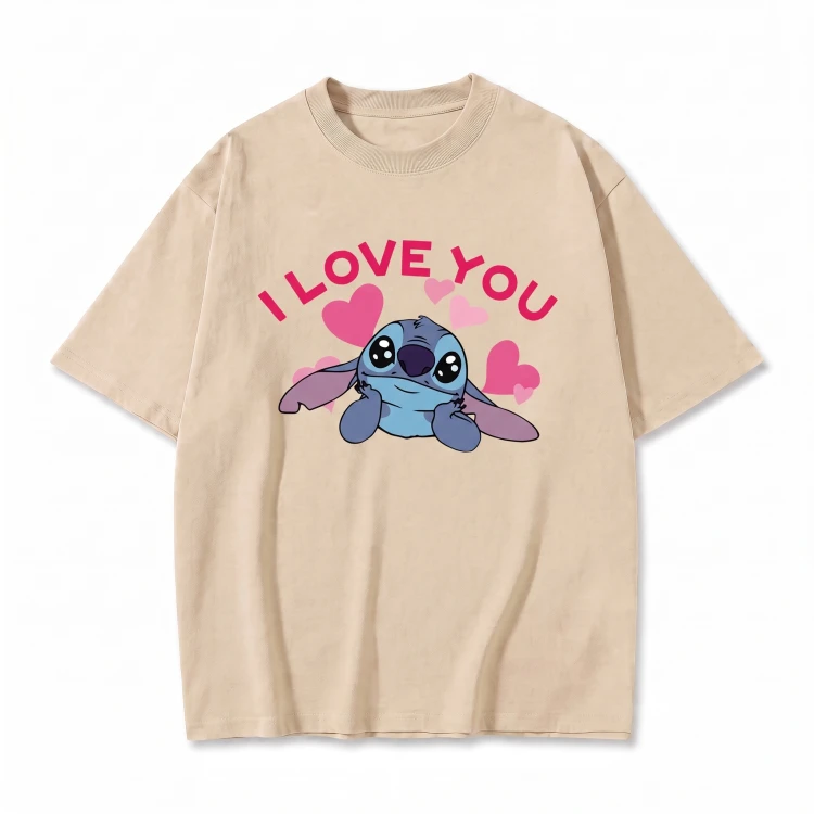 Beżowa koszulka Lilo i Stitch z nadrukiem Stitcha i napisem I Love You