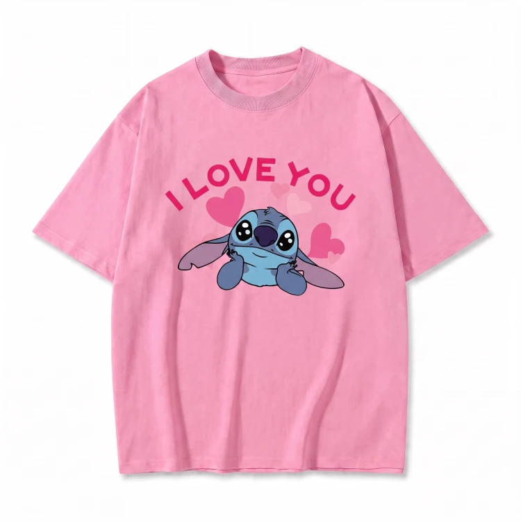 Różowa koszulka Lilo i Stitch z nadrukiem Stitcha i napisem I Love You