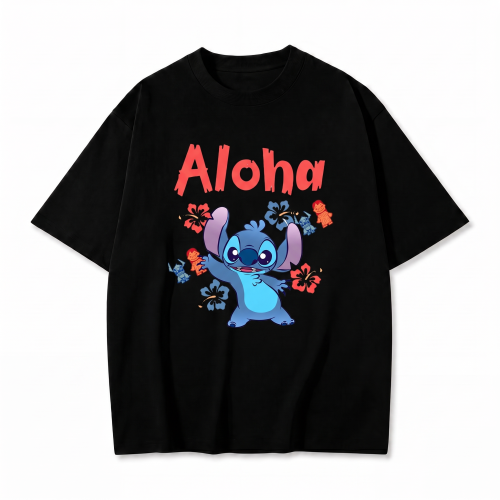 Czarna koszulka Lilo i Stitch z nadrukiem Stitcha i napisem Aloha