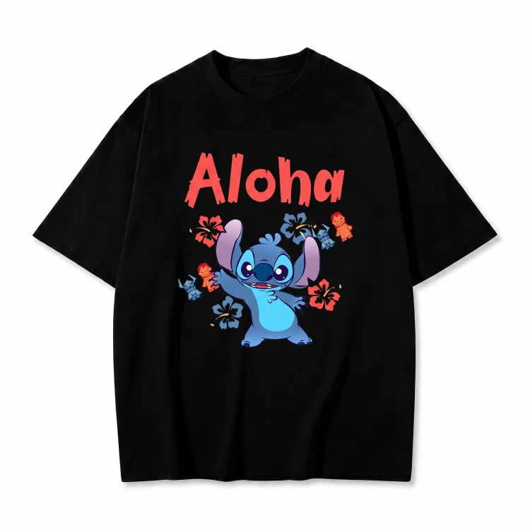 Czarna koszulka Lilo i Stitch z nadrukiem Stitcha i napisem Aloha