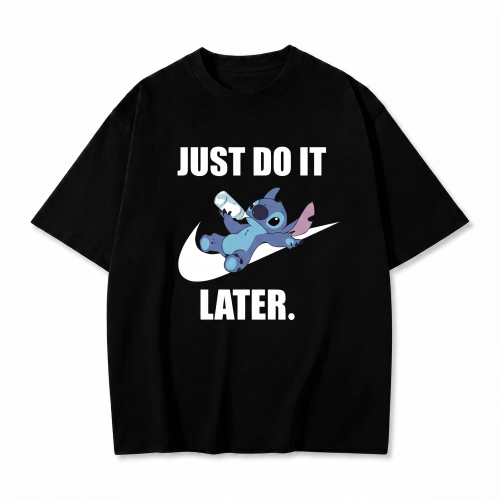Czarna koszulka Lilo i Stitch z nadrukiem Stitcha i napisem Just Do It Later