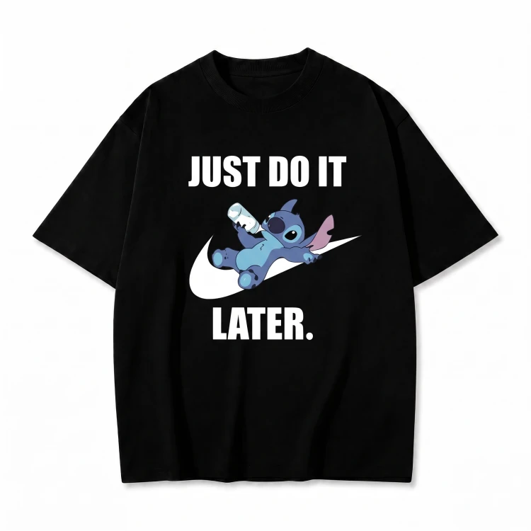 Czarna koszulka Lilo i Stitch z nadrukiem Stitcha i napisem Just Do It Later