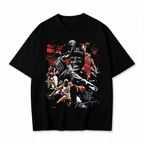 Czarna koszulka Michael Jordan z nadrukiem kolażu koszykarskiego