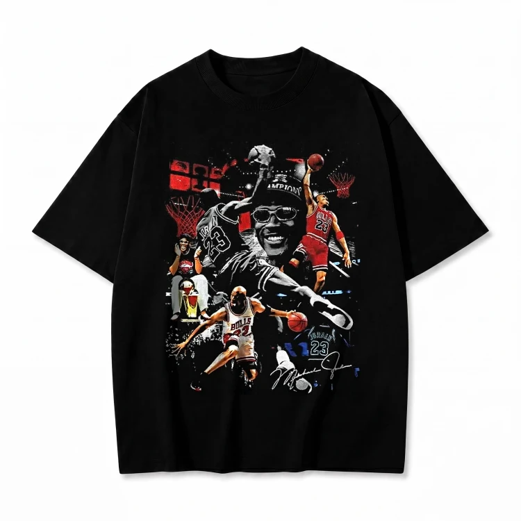 Czarna koszulka Michael Jordan z nadrukiem kolażu koszykarskiego