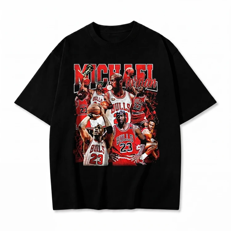 Czarna koszulka Michael Jordan z nadrukiem Michael Jordan i kolażu Bulls