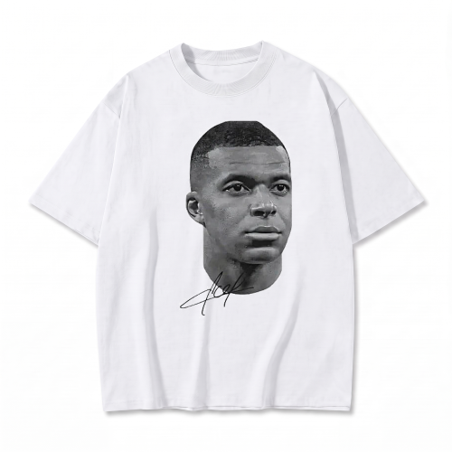 Biała koszulka Kylian Mbappé z nadrukiem portretu i autografu