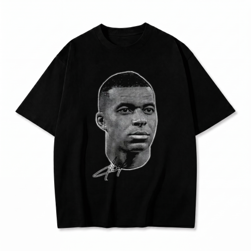 Czarna koszulka Kylian Mbappé z nadrukiem portretu i autografu