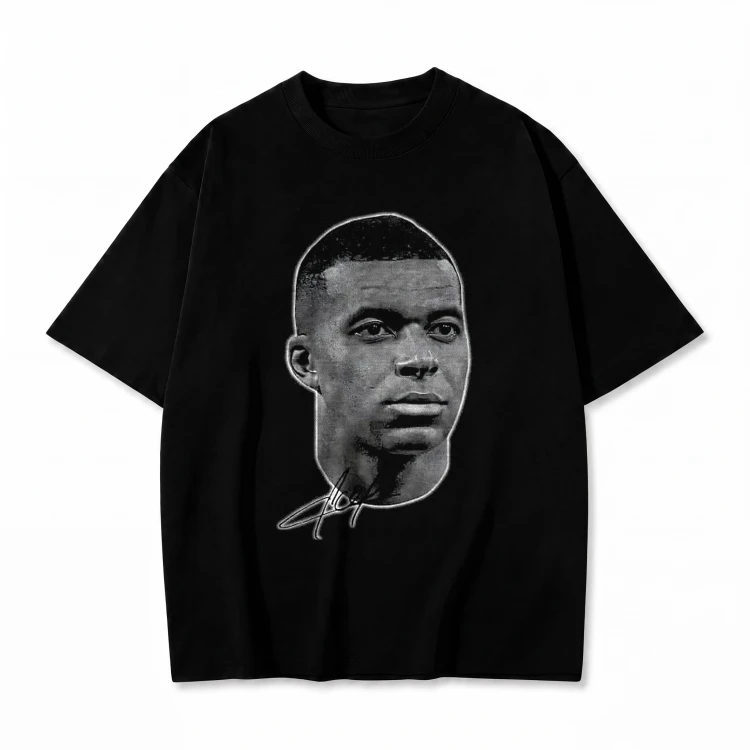 Czarna koszulka Kylian Mbappé z nadrukiem portretu i autografu