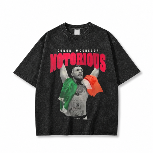 Sprana czarna koszulka Conor McGregor z nadrukiem Notorious i flagą Irlandii