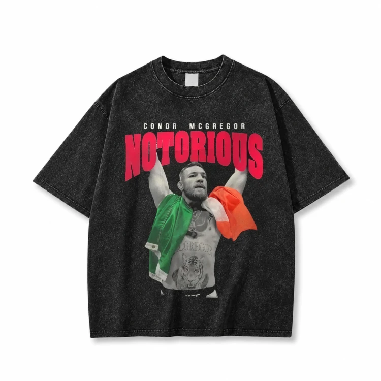Sprana czarna koszulka Conor McGregor z nadrukiem Notorious i flagą Irlandii