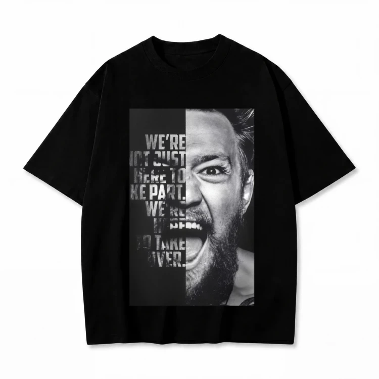 Czarna koszulka Conor McGregor z nadrukiem cytatu We're here to take over