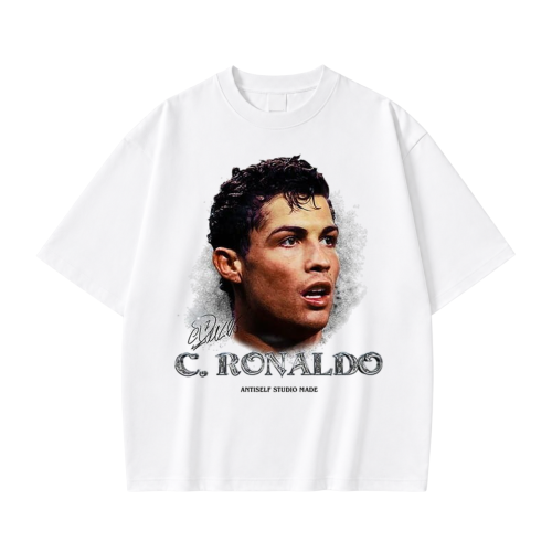 Biała koszulka Cristiano Ronaldo z nadrukiem portretu i napisem C. Ronaldo
