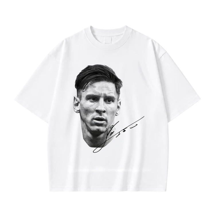 Biała koszulka Lionel Messi z nadrukiem portretu i autografem