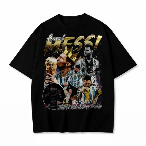 Czarna koszulka Lionel Messi z nadrukiem vintage i Pucharem Świata