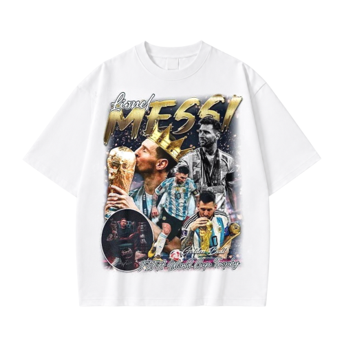 Biała koszulka Lionel Messi z nadrukiem vintage i Pucharem Świata