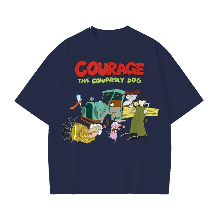 Granatowa koszulka Chojrak – tchórzliwy pies z nadrukiem Chojraka i ciężarówki